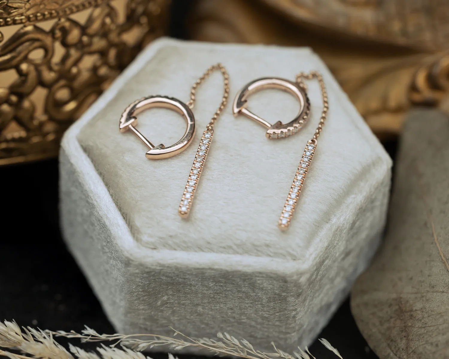 1/4CTW NATURAL DIAMOND HINGED HOOP CHAIN EARRINGS