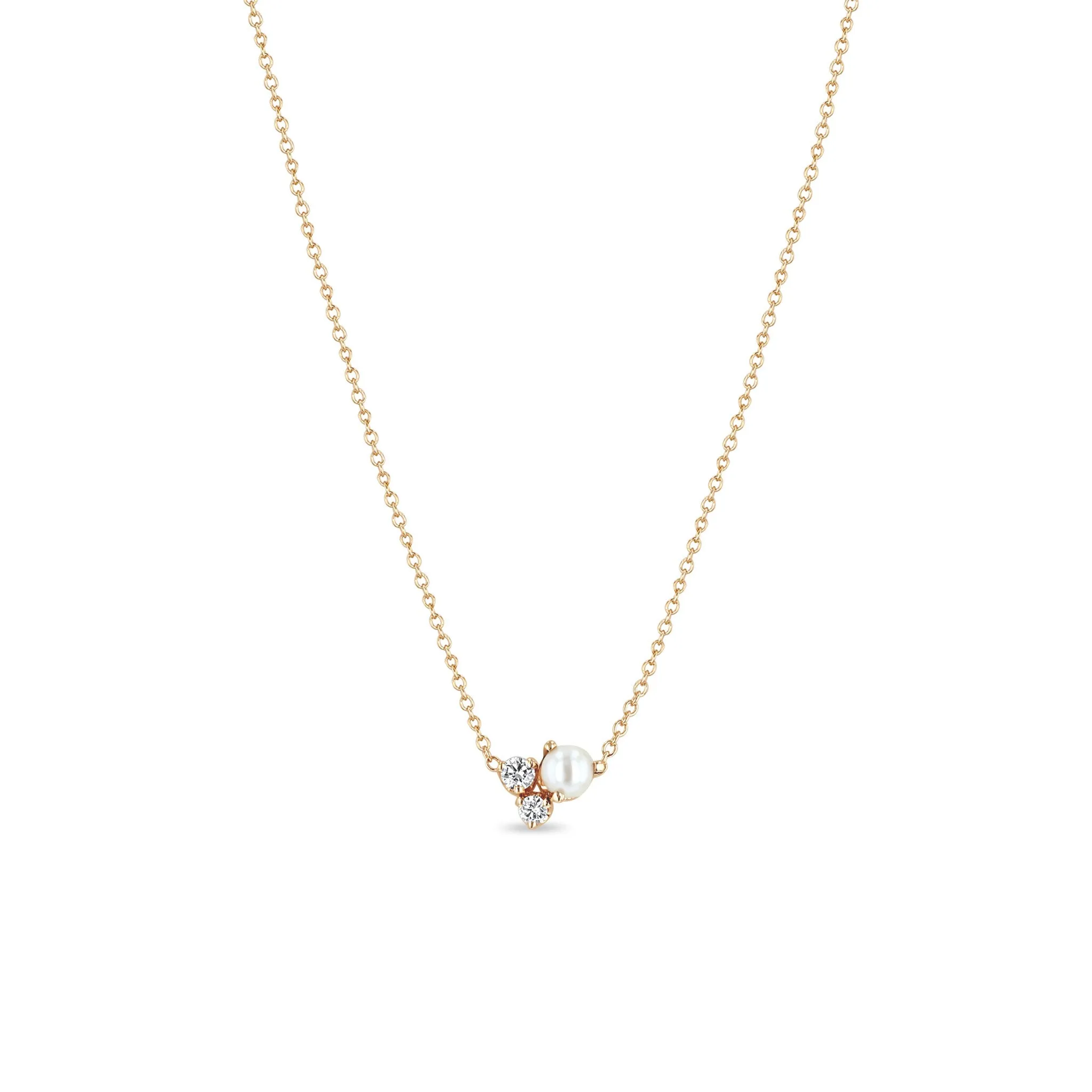 14k Mixed Prong Diamond & Pearl Cluster Necklace