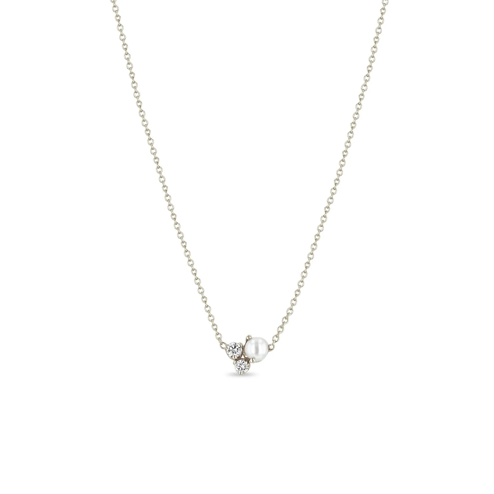 14k Mixed Prong Diamond & Pearl Cluster Necklace