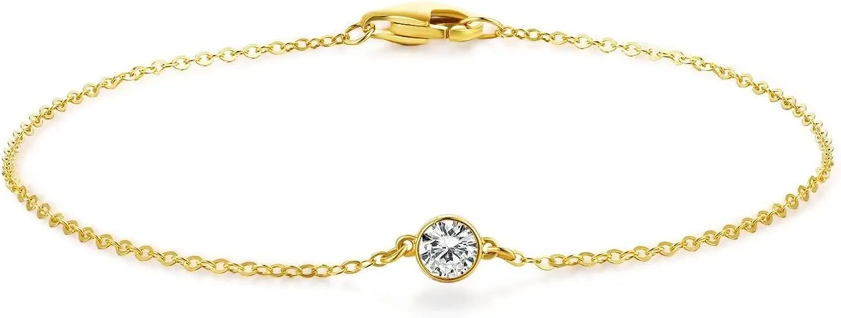 14k Solid Gold 5 Diamond Solitaire Station Bracelet for women(White),0.32ct,DEF VS~VVS, Bezel,No fading, No allergies,Lab grown Diamond,Lobster buckle