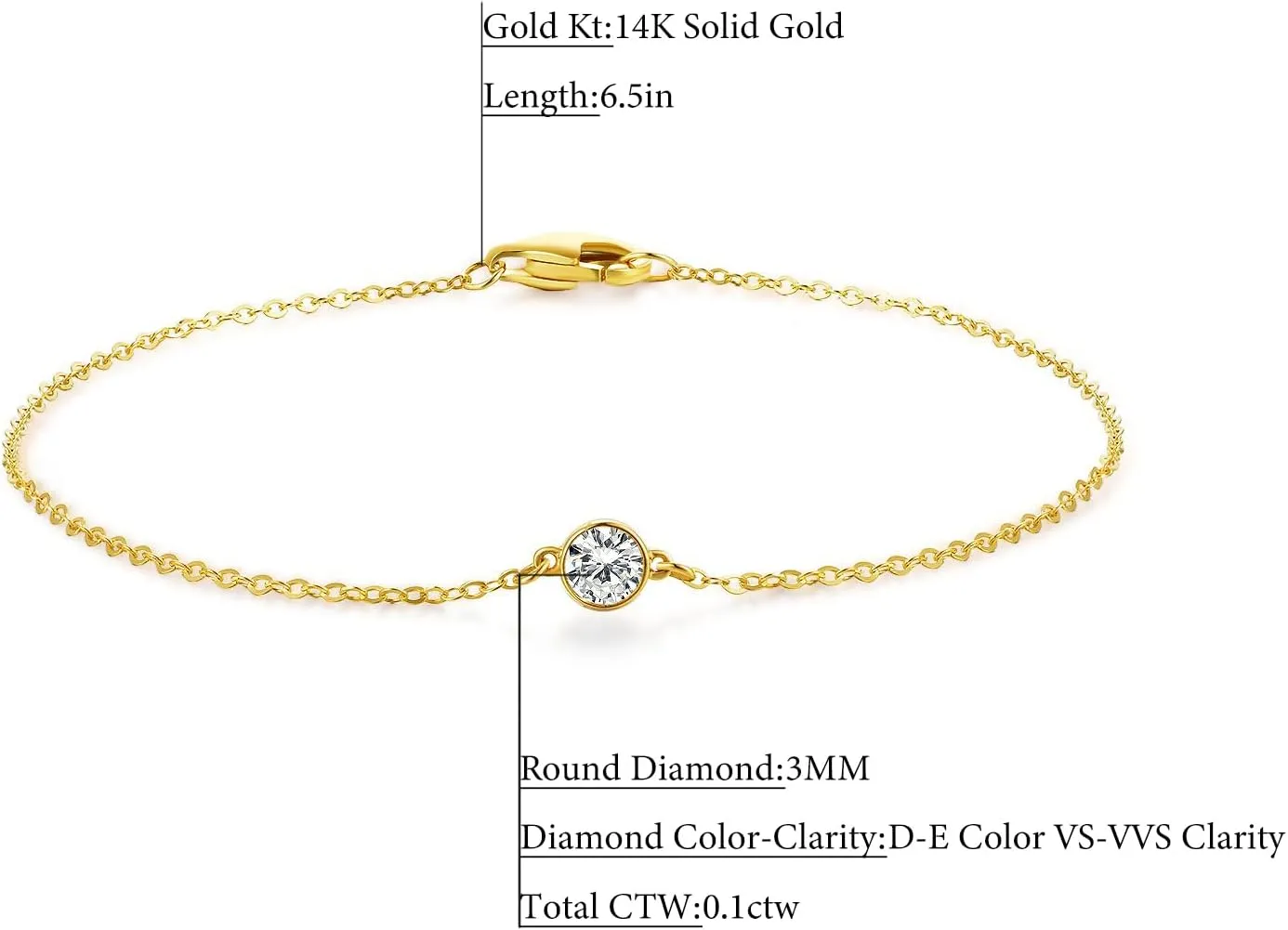 14k Solid Gold 5 Diamond Solitaire Station Bracelet for women(White),0.32ct,DEF VS~VVS, Bezel,No fading, No allergies,Lab grown Diamond,Lobster buckle