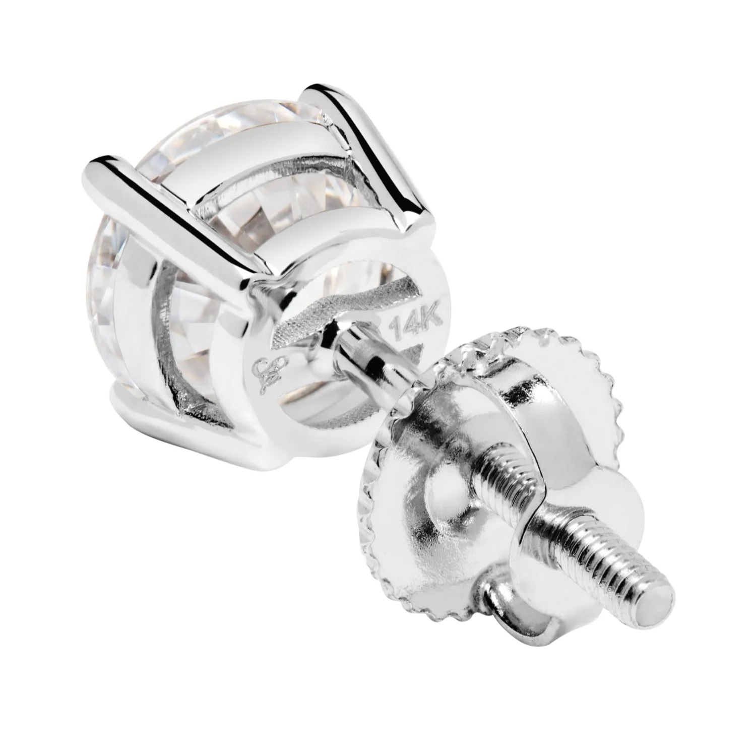 14K Solid White Gold Stud Earrings | Round Cut Cubic Zirconia | Screw Back Posts | 2.56 CTW
