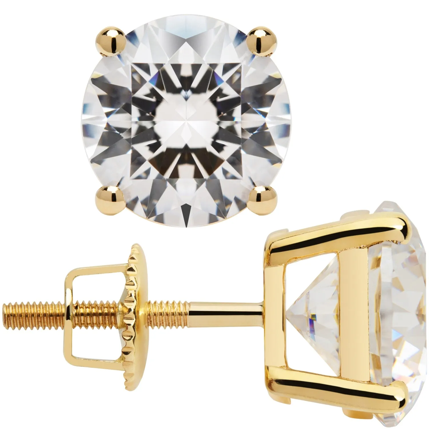 14K Solid Yellow Gold Stud Earrings | Round Cut Cubic Zirconia | Screw Back Posts | 3.34 CTW