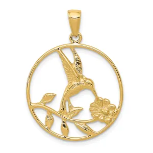 14K Yellow Gold Solid Polished Finish Hummingbird with Flower Design in Round Frame Shape Circle Pendant