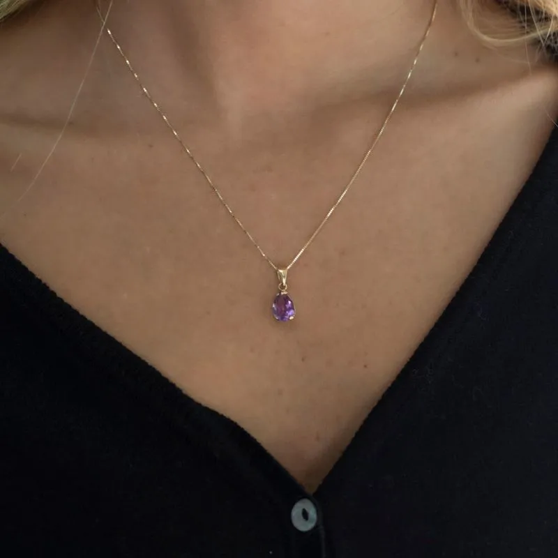 14K Yellow Gold Teardrop Amethyst  Vencie Chain 7X10mm Pendant
