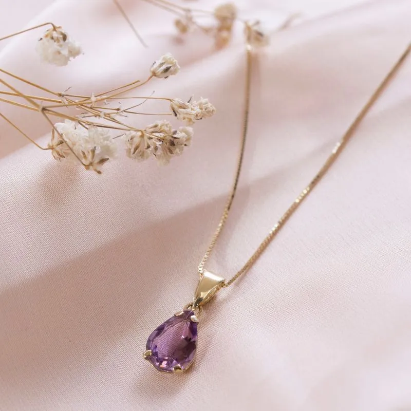 14K Yellow Gold Teardrop Amethyst  Vencie Chain 7X10mm Pendant