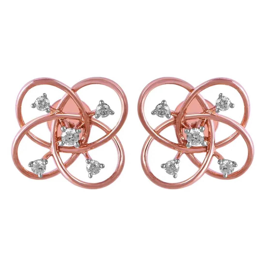 14KT (585) Rose Gold & Diamond Unique Intertwined Design Stud Earrings