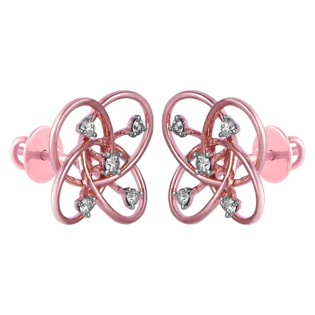 14KT (585) Rose Gold & Diamond Unique Intertwined Design Stud Earrings