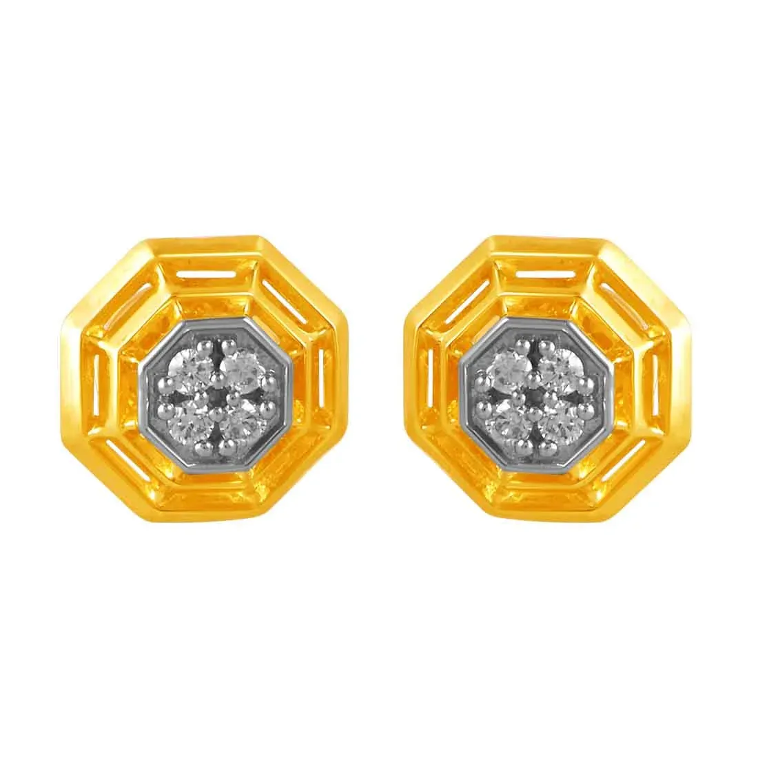 14KT (585) Yellow Gold & Diamond Octagon Shaped Stud Earrings