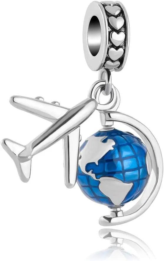 925 Silver Aircraft Travel Globe Dangle Charms Beads Pendants Fit for Pandora Bracelets Charm DIY Jewelry Gift for Women Girls