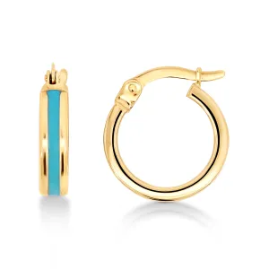 9ct Yellow Gold Small Huggie Earrings With Blue Turquoise Enamel Inlay