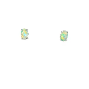 9Kt White Gold Crystal Opal Earrings - 5x3mm 4-Claw Studs, Elegant Opal Jewelry, Perfect Gift for Her, Luxury Gold Stud Earrings