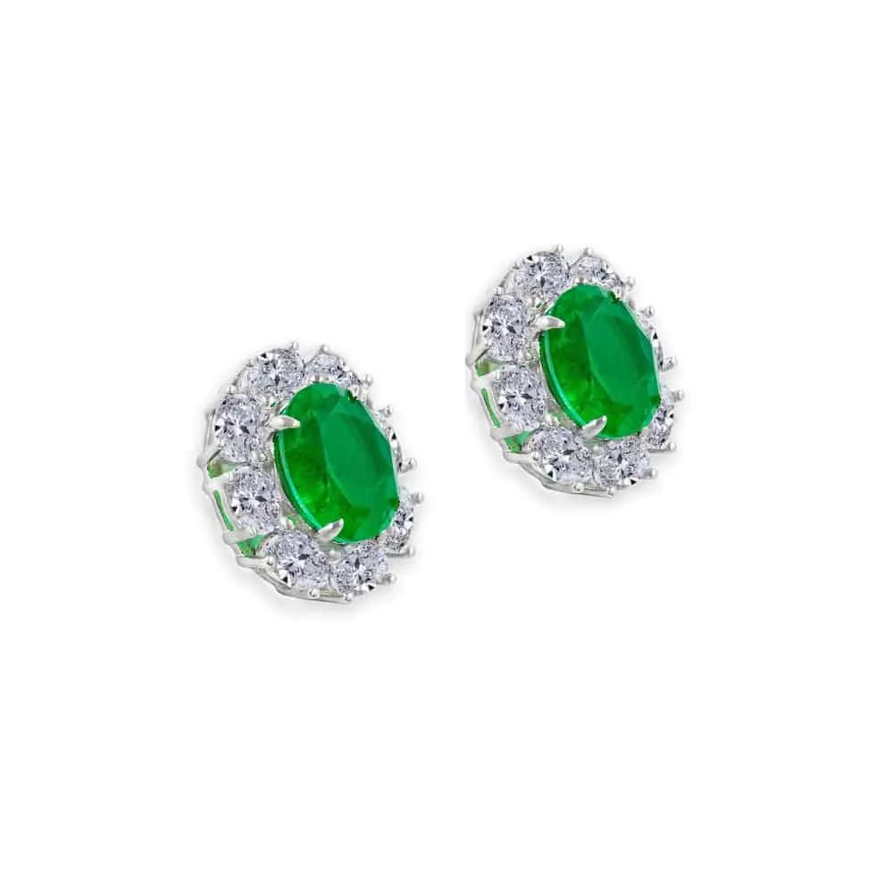 Anna Zuckerman Sterling Silver Oval Emerald Green Cubic Zirconia Halo Earrings (97704)