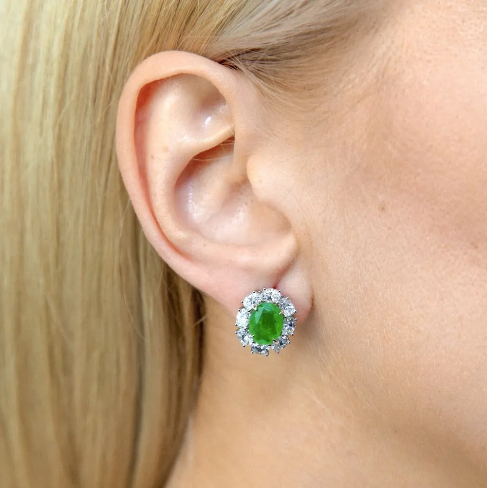 Anna Zuckerman Sterling Silver Oval Emerald Green Cubic Zirconia Halo Earrings (97704)