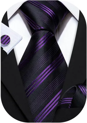 Barry.Wang Man Stripe Ties Set Silk Woven Pocket Square Necktie Cufflinks Formal Party Business