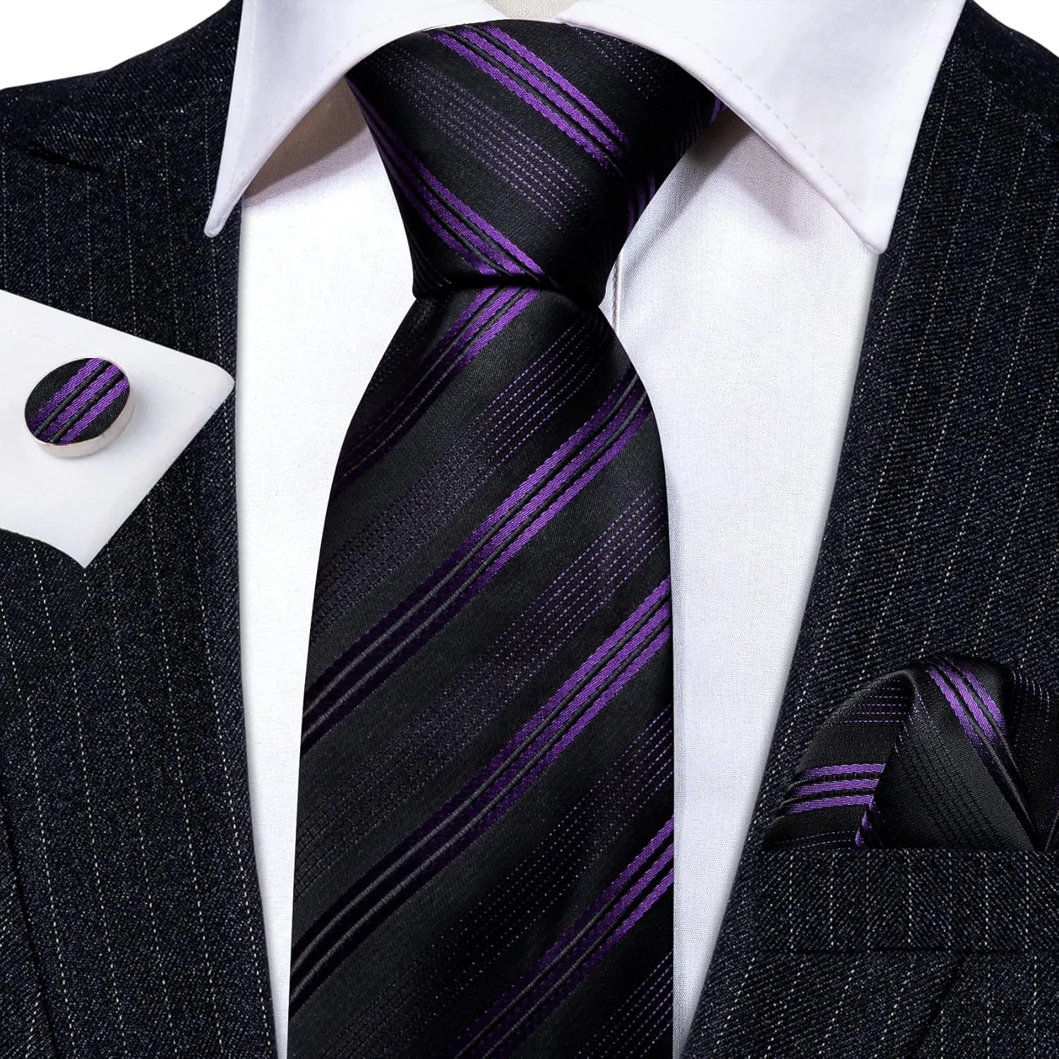 Barry.Wang Man Stripe Ties Set Silk Woven Pocket Square Necktie Cufflinks Formal Party Business