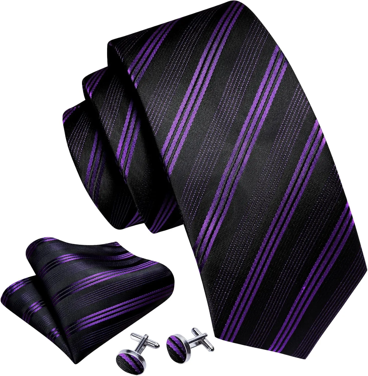 Barry.Wang Man Stripe Ties Set Silk Woven Pocket Square Necktie Cufflinks Formal Party Business