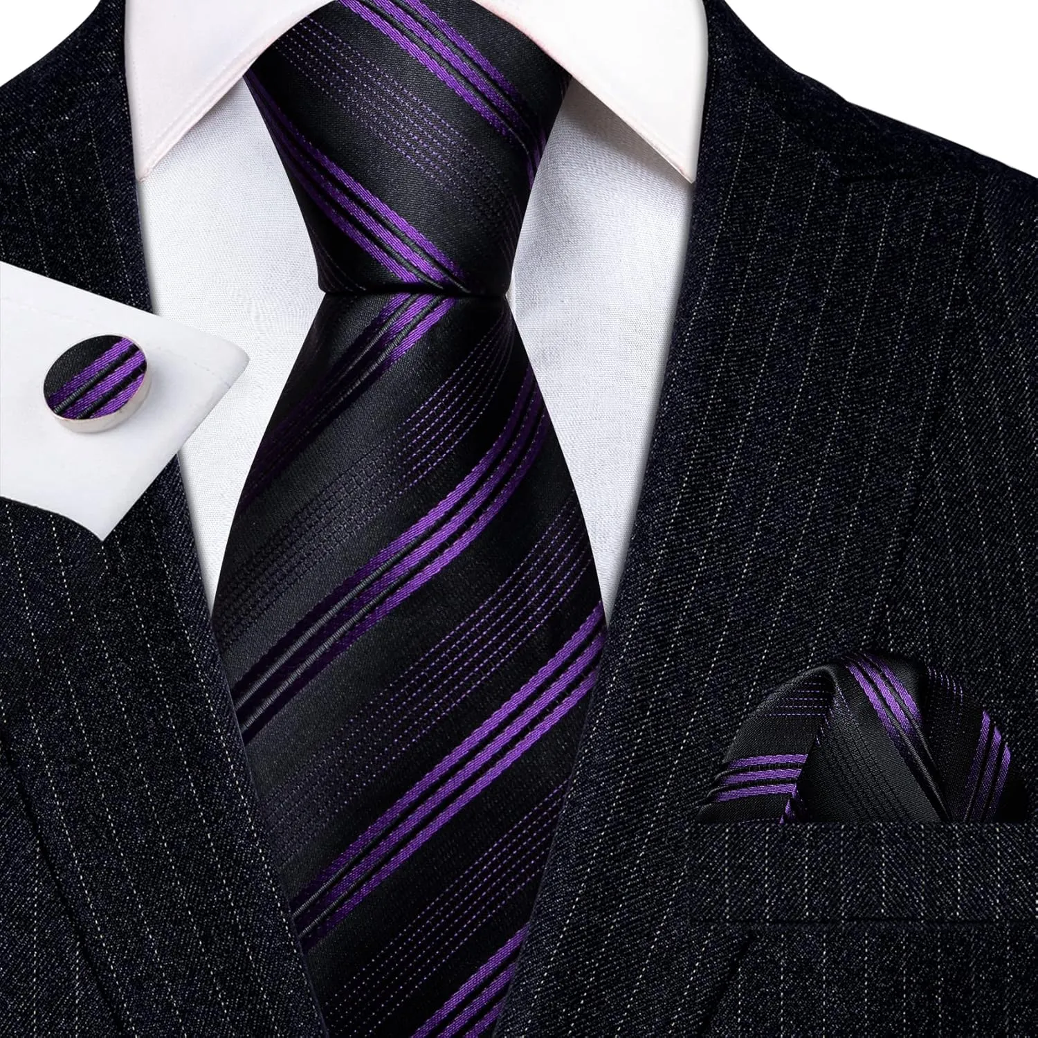 Barry.Wang Man Stripe Ties Set Silk Woven Pocket Square Necktie Cufflinks Formal Party Business
