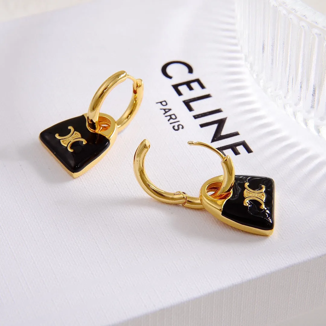 Celine's new black enamel personalized bag with gold earrings EHA101