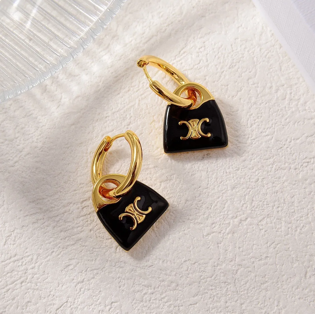 Celine's new black enamel personalized bag with gold earrings EHA101