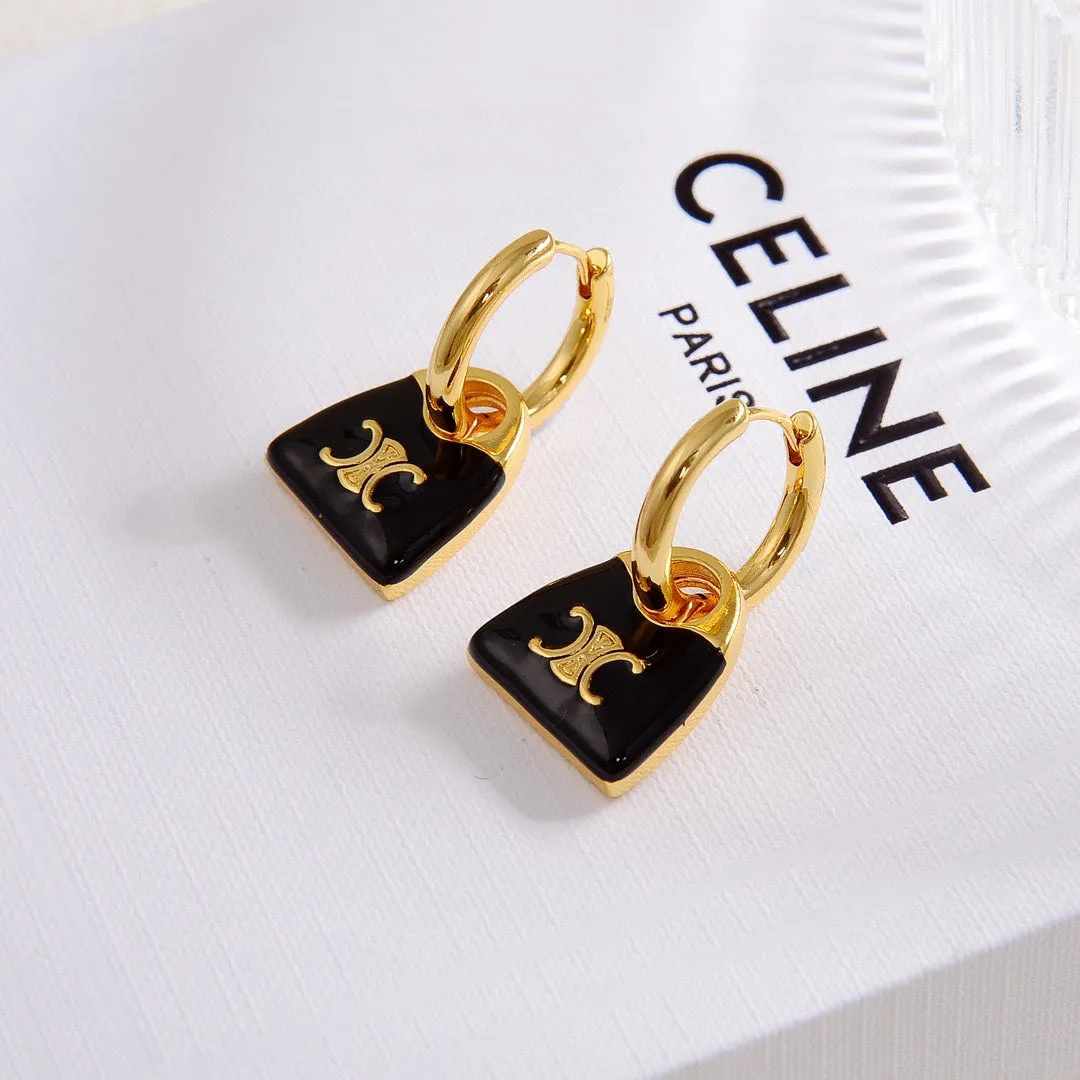 Celine's new black enamel personalized bag with gold earrings EHA101