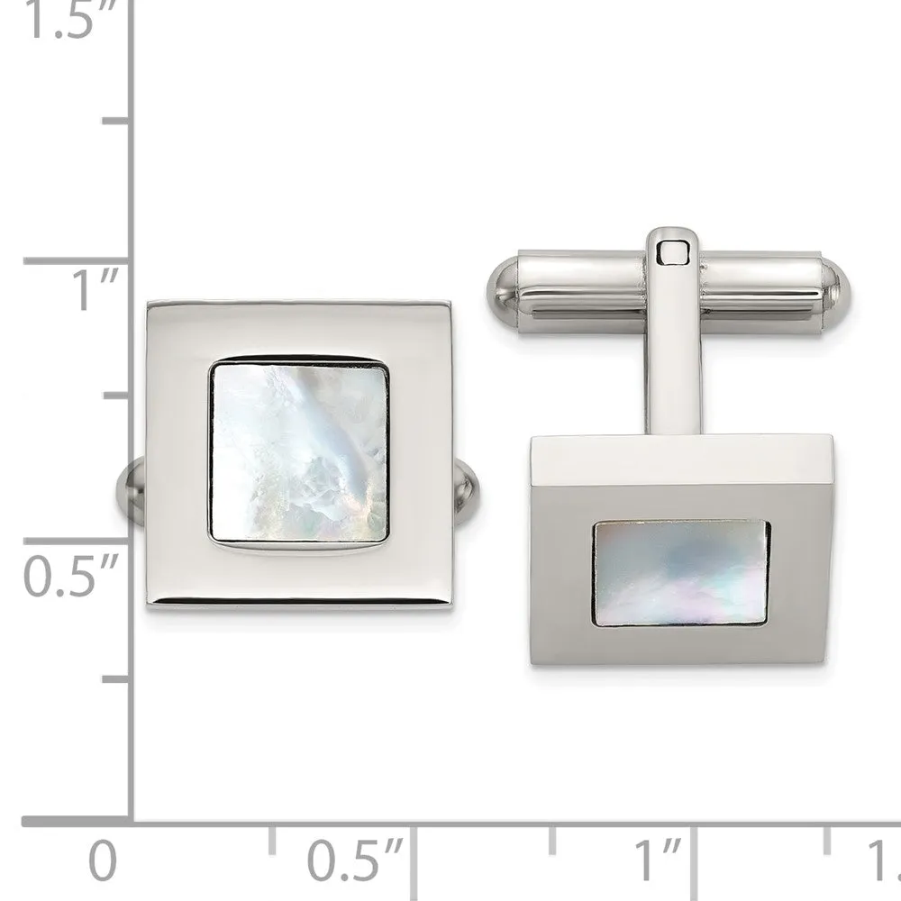 Chisel Stainless Steel Polished with Mother of Pearl Inlay Square Cuff Links