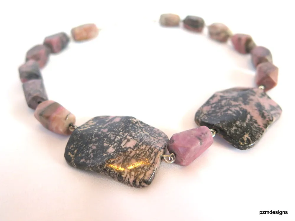 Chunky Rhodonite Statement Necklace, Boho Chic Pink Rhodonite Gemstone Necklace, Gift for Her