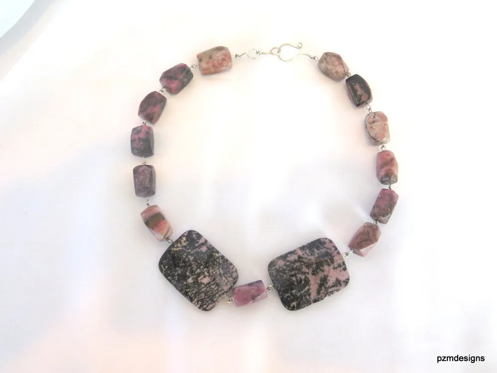 Chunky Rhodonite Statement Necklace, Boho Chic Pink Rhodonite Gemstone Necklace, Gift for Her