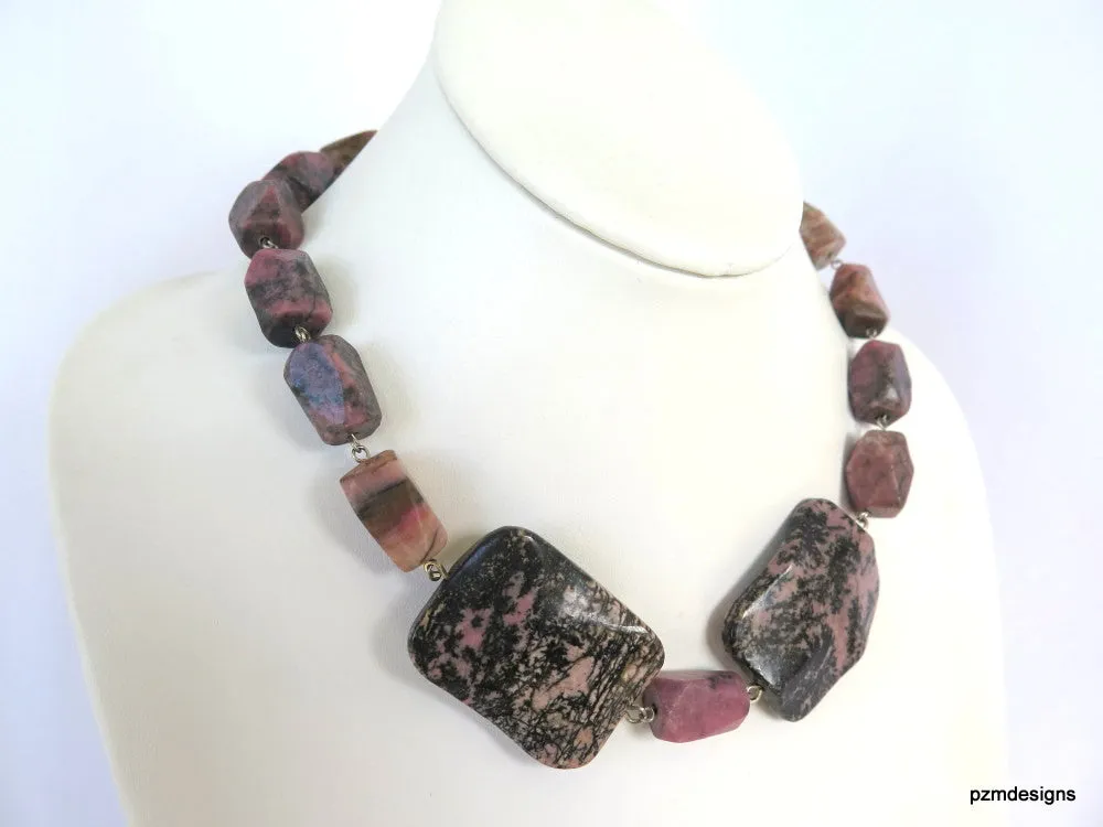 Chunky Rhodonite Statement Necklace, Boho Chic Pink Rhodonite Gemstone Necklace, Gift for Her