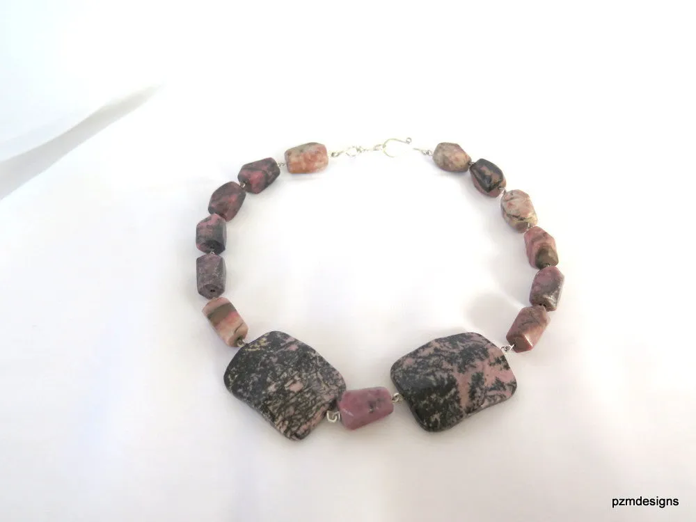 Chunky Rhodonite Statement Necklace, Boho Chic Pink Rhodonite Gemstone Necklace, Gift for Her