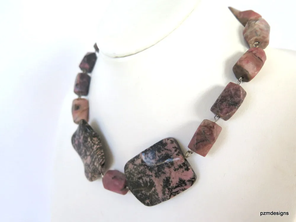 Chunky Rhodonite Statement Necklace, Boho Chic Pink Rhodonite Gemstone Necklace, Gift for Her