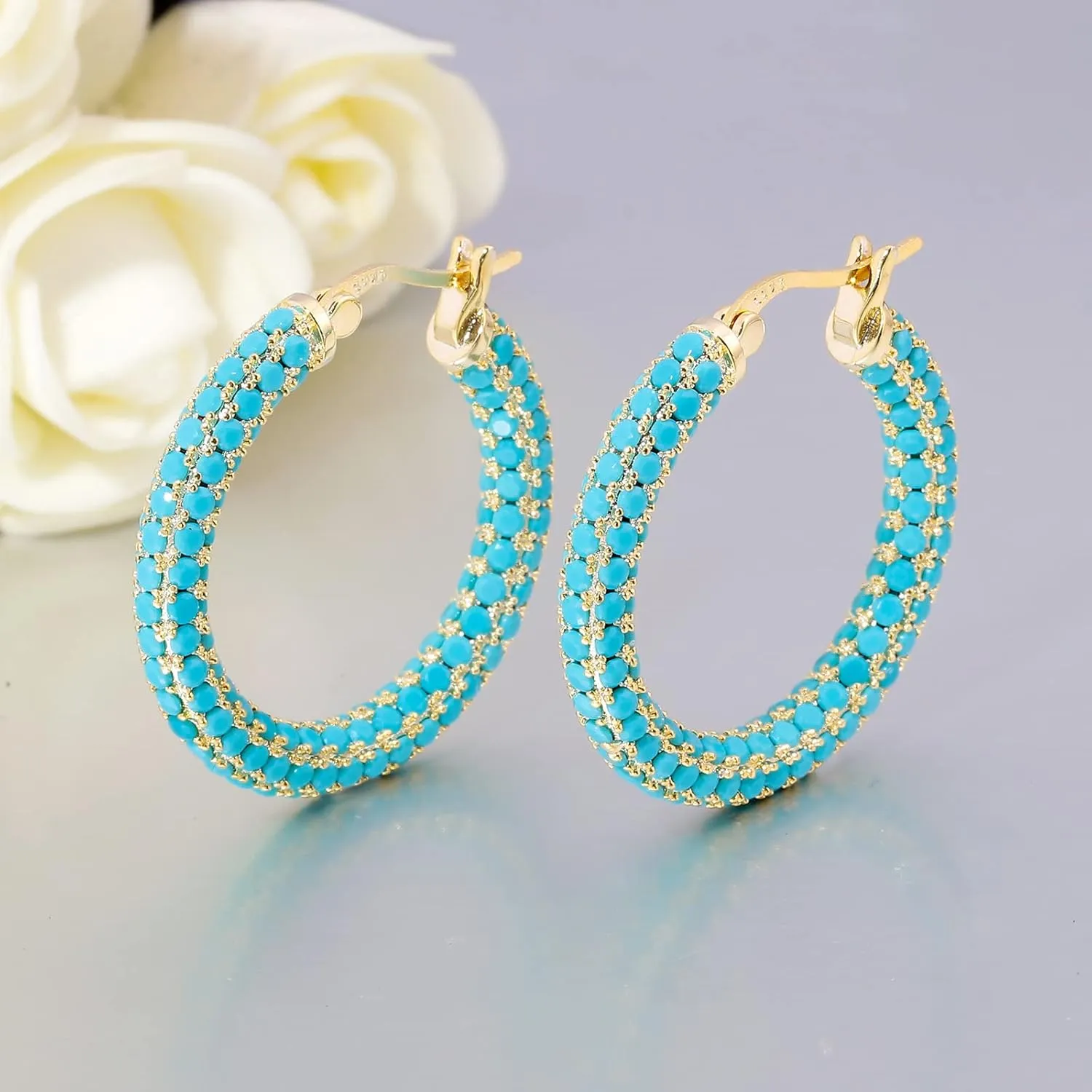 CiNily Hoop Earrings for Women Hypoallergenic, 14K Gold Plated 925 Sterling Silver Lightweight Mult-colors Crystal CZ Chunky Open Hoops Earrings Jewelry Gifts for Sensitive Ears 28mm/1.2"