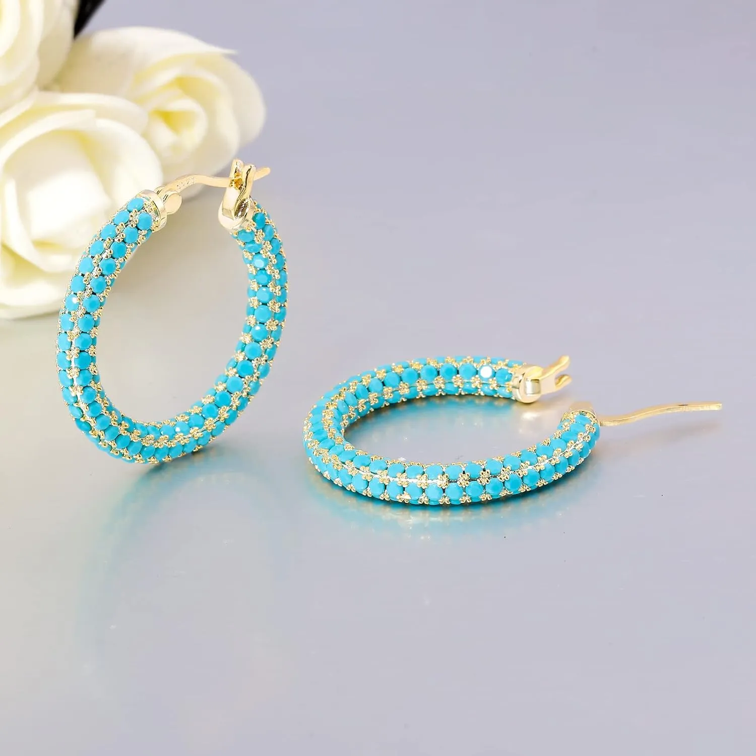 CiNily Hoop Earrings for Women Hypoallergenic, 14K Gold Plated 925 Sterling Silver Lightweight Mult-colors Crystal CZ Chunky Open Hoops Earrings Jewelry Gifts for Sensitive Ears 28mm/1.2"