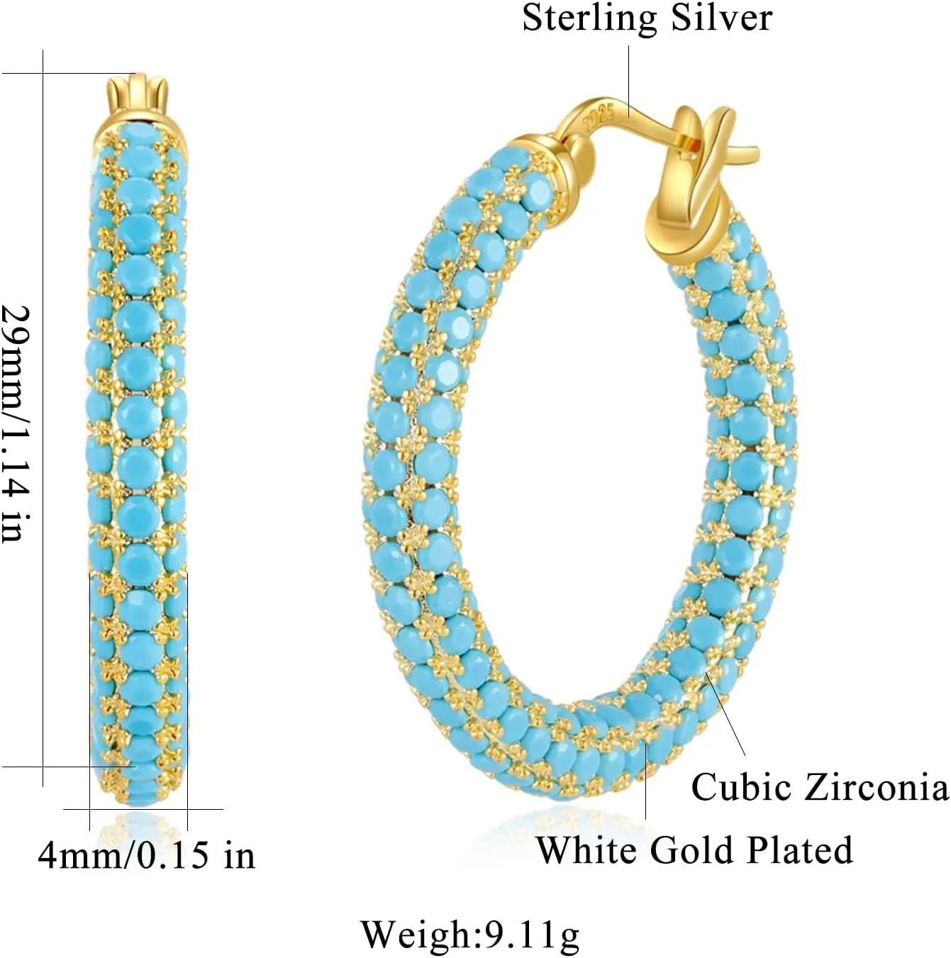 CiNily Hoop Earrings for Women Hypoallergenic, 14K Gold Plated 925 Sterling Silver Lightweight Mult-colors Crystal CZ Chunky Open Hoops Earrings Jewelry Gifts for Sensitive Ears 28mm/1.2"