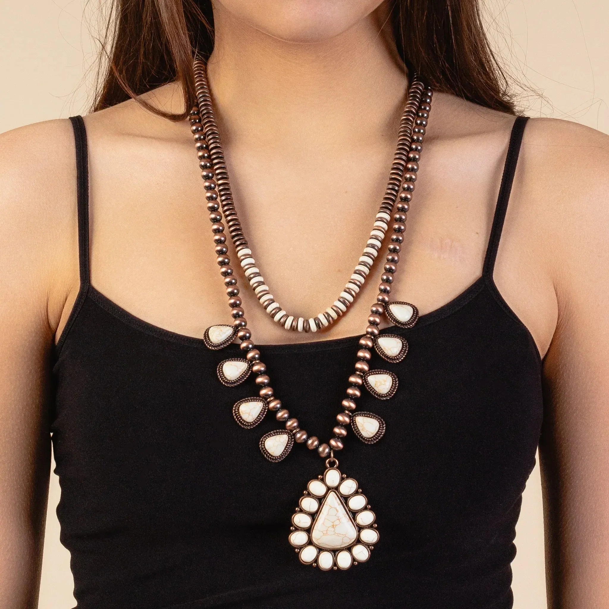Copper Navajo Pearl Double Strand Necklace with Cream triangle pendants