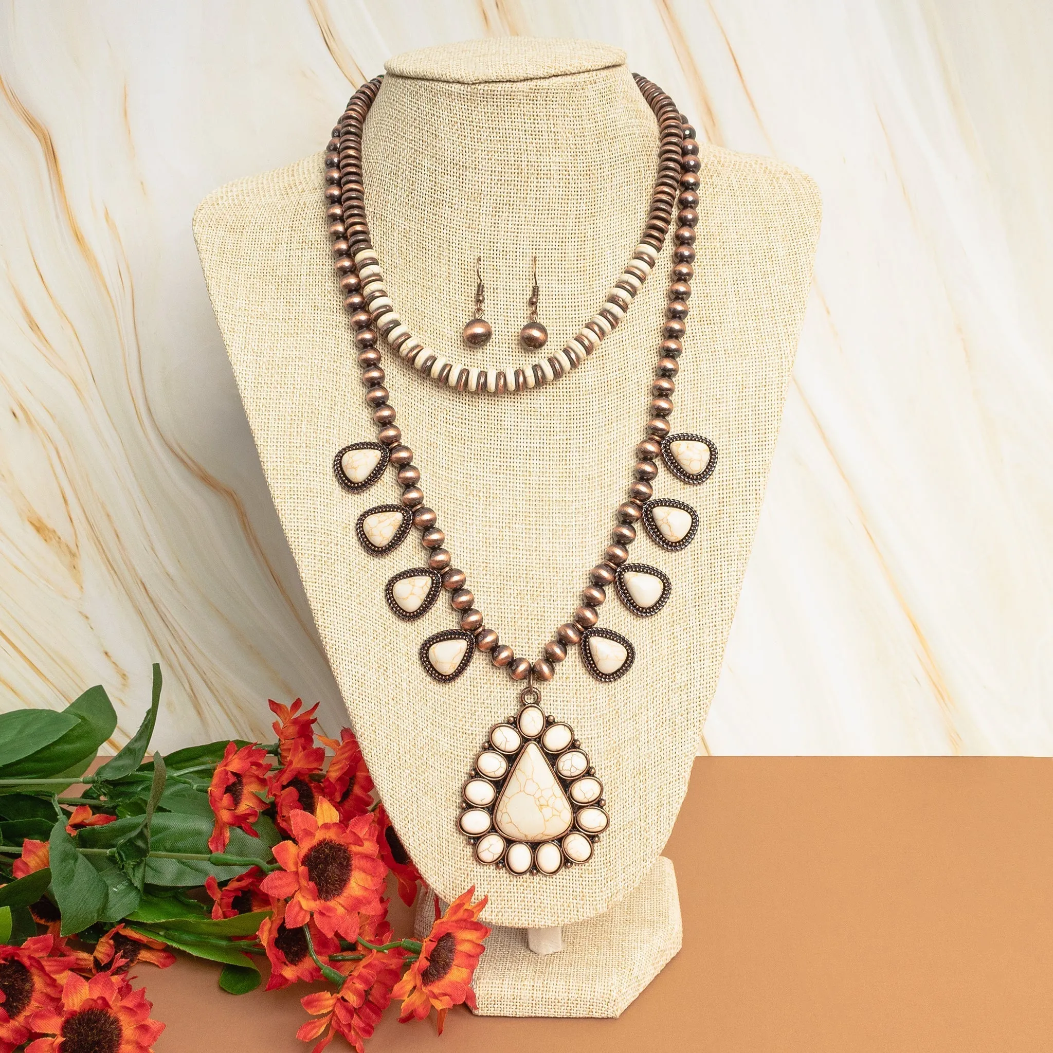 Copper Navajo Pearl Double Strand Necklace with Cream triangle pendants