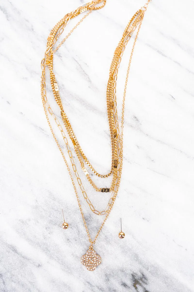 Crystal Quatrefoil Layered Goldtone  and Earring Set