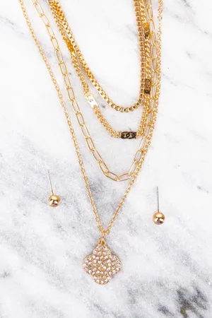 Crystal Quatrefoil Layered Goldtone  and Earring Set