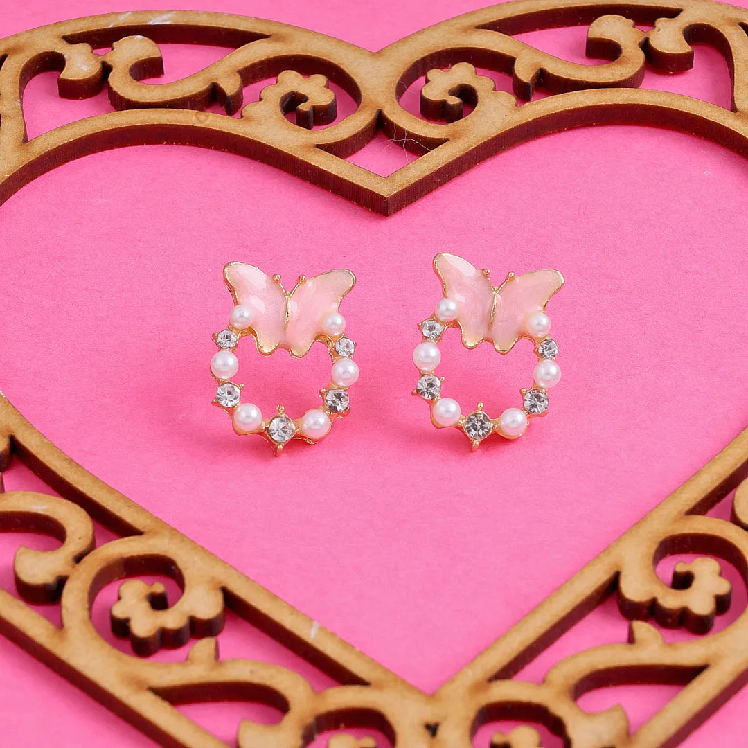 Cute Pink Butterfly Pearl Earrings