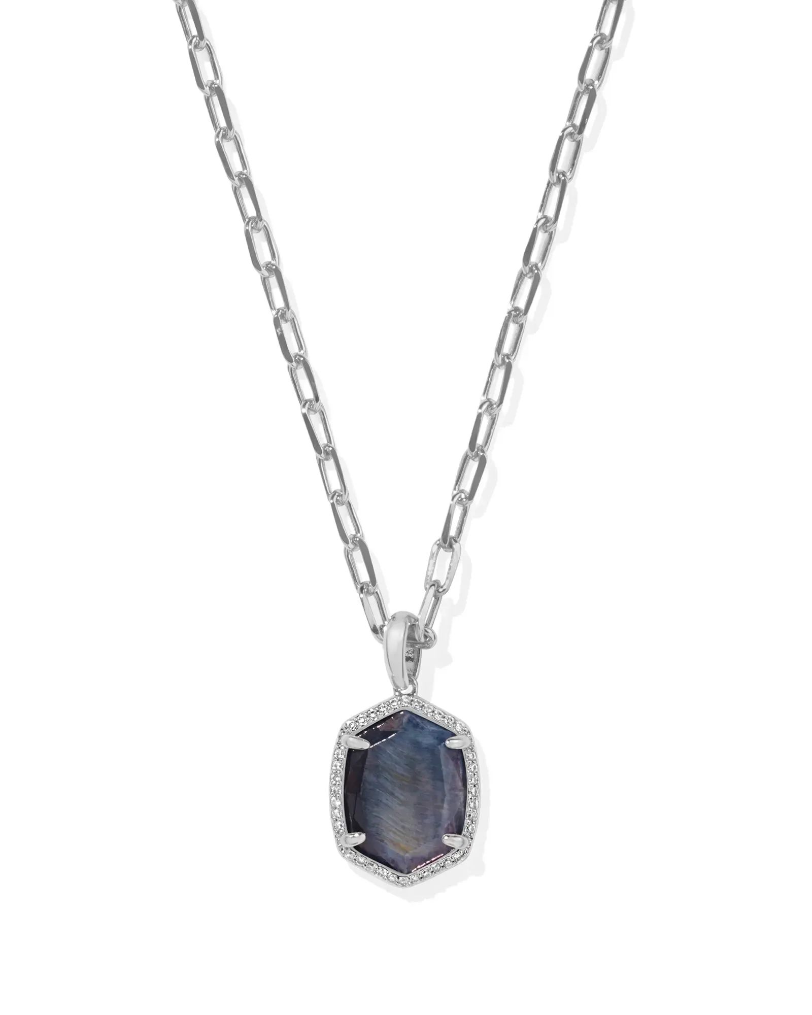 Daphne Silver Pave Frame Short Pendant Necklace in Navy Tiger's Eye