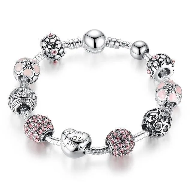 Flower Beads Silver Charm Bracelet