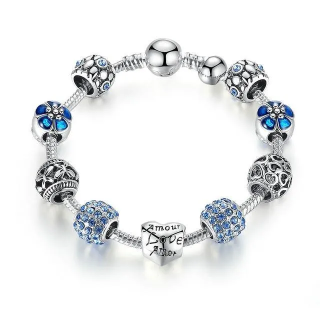 Flower Beads Silver Charm Bracelet