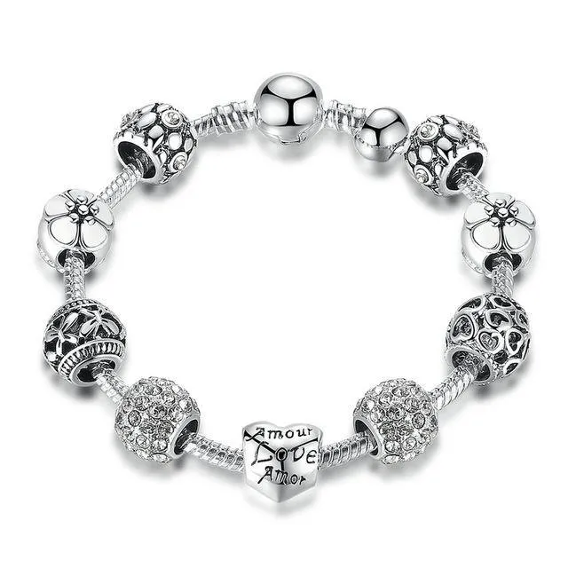 Flower Beads Silver Charm Bracelet