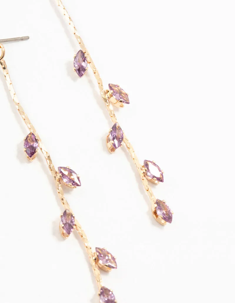 Gold Purple Cubic Zirconia Petal Long Drop Earrings