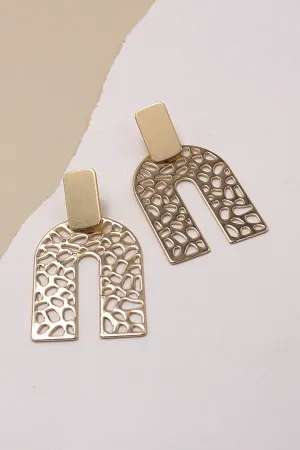 Gold Rectangle Post U-Shape Filigree Drop Earrings