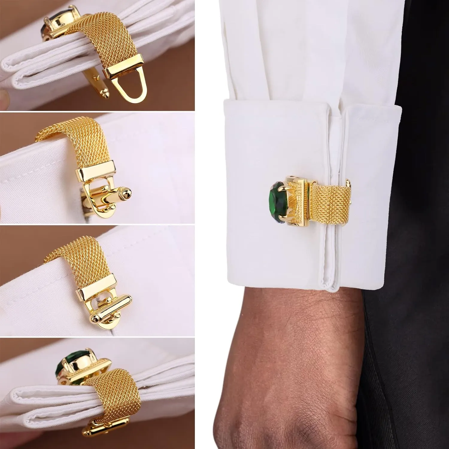 HAWSON Mens Cufflinks with Chain - Stone and Shiny Gold Tone Shirt Accessories - Party Gifts for Young Men
