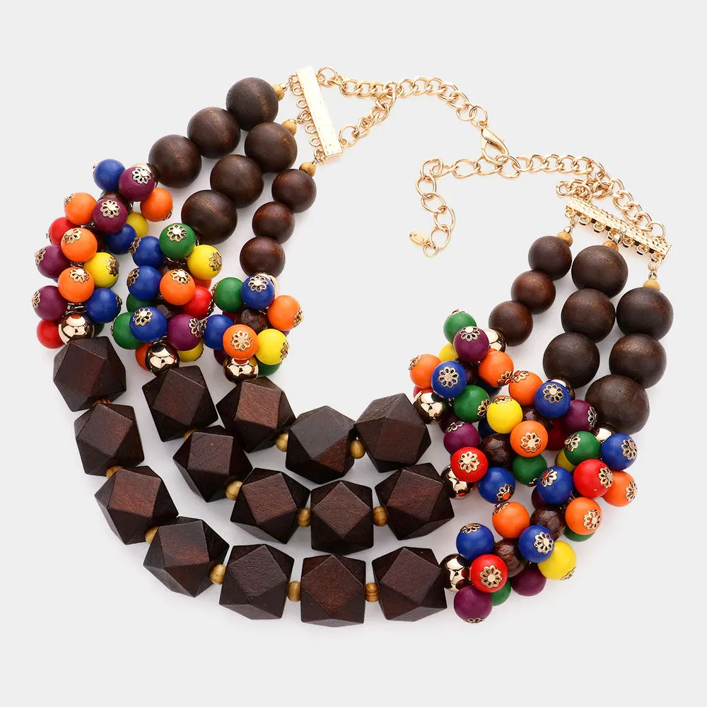 iLLASPARKZ Colorful Wood Ball Pointed Triple Layered Necklace