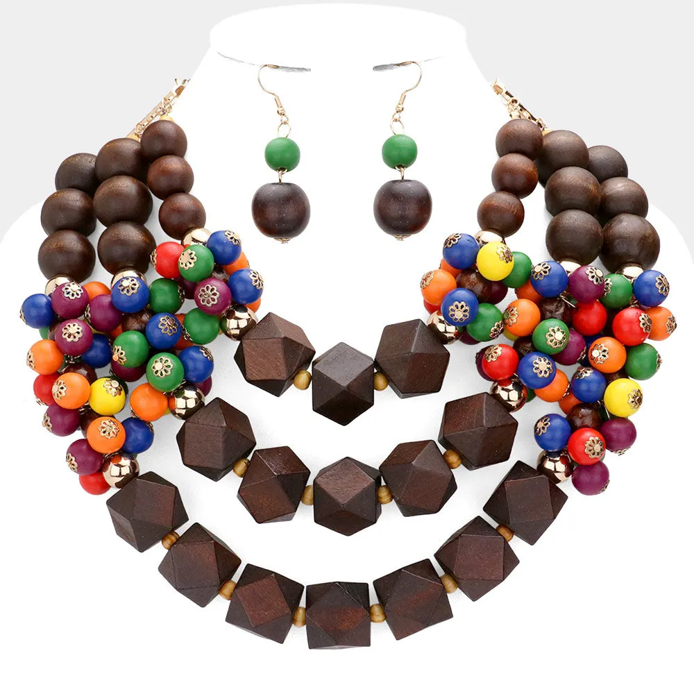 iLLASPARKZ Colorful Wood Ball Pointed Triple Layered Necklace
