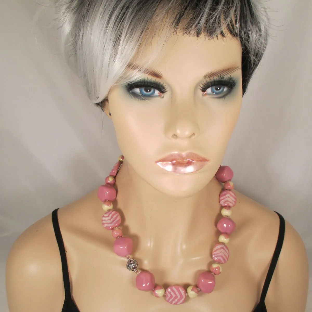 Large Kazuri Necklace Big Bold Pink Handmade Beads
