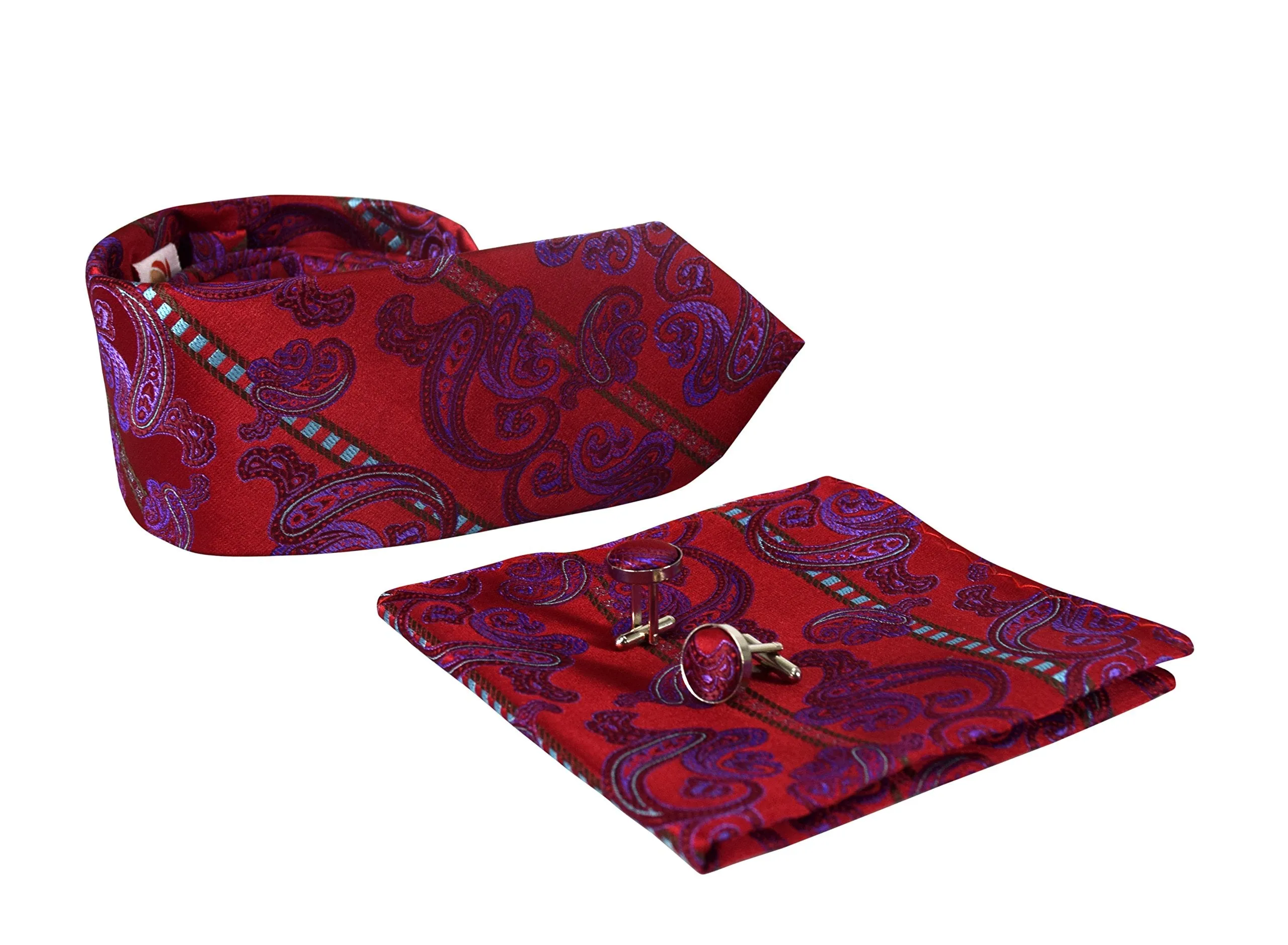 Luxurious Mens Silk Feel Paisley Necktie Cufflink Handkerchief Set